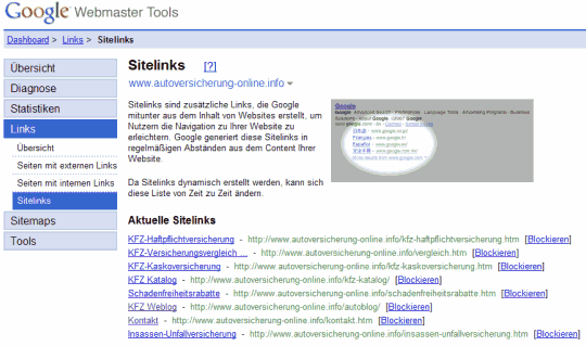 Webmastertools Sitelinks